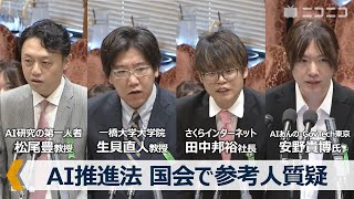 人工知能研究の第一人者らが国会で参考人質疑 松尾豊教授・生貝直人教授・さくらインターネット田中邦裕社長・AIあんの安野貴博氏|国会中継 衆議院 内閣委員会「AI推進法」~令和7年4月16日~ のサムネイル